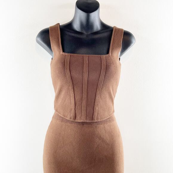 Miou Muse Knit Set Cropped Corset Top High Rise Midi Skirt Brown Small - Picture 4 of 8